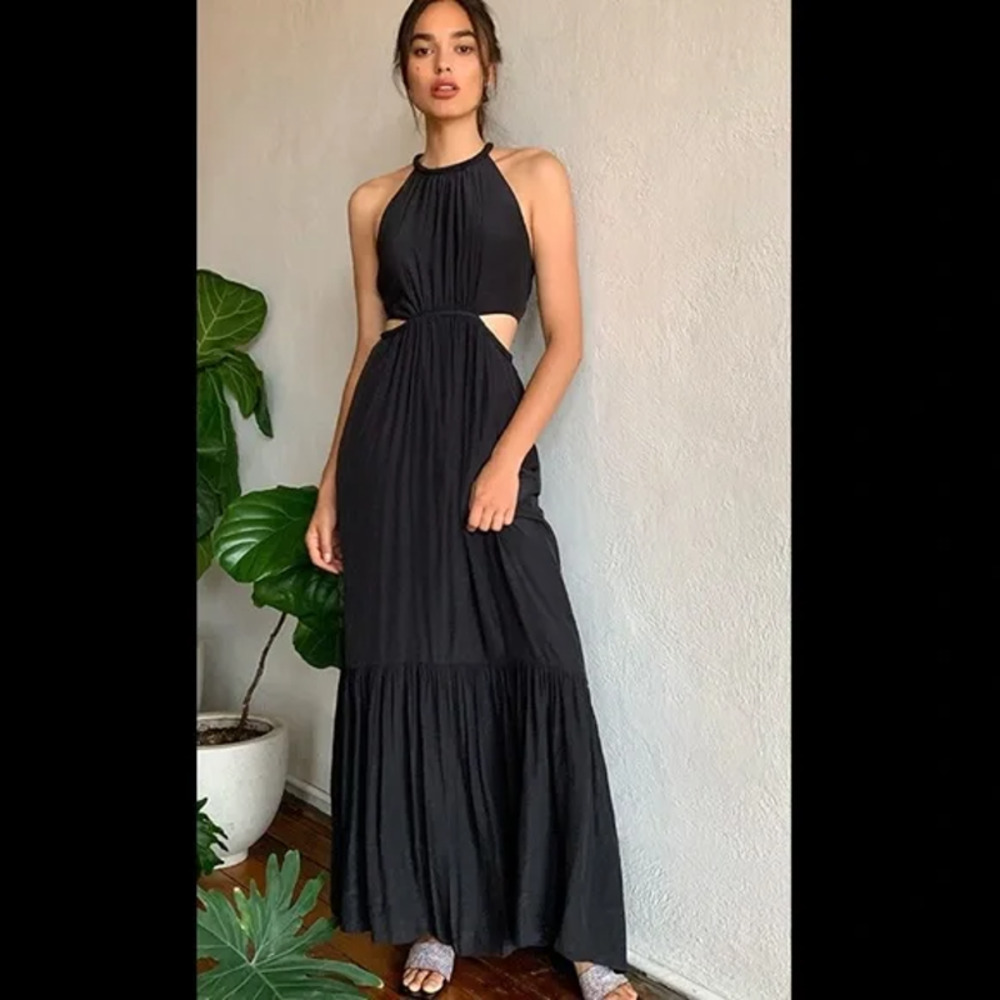 A.L.C. Libra Maxi Dress 8 Medium Black Satin Halter Cutout A-Line Formal